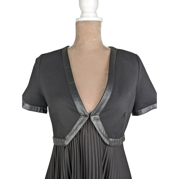 The Kooples Lamb Leather Trim Pleated Black A Line Deep V NWT Mini Dress 38 US 8 - Picture 4 of 10